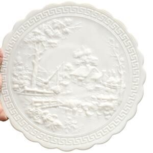 Vintage Pressed Milkglass Scalloped White Plate with Countryside Cabin Scene